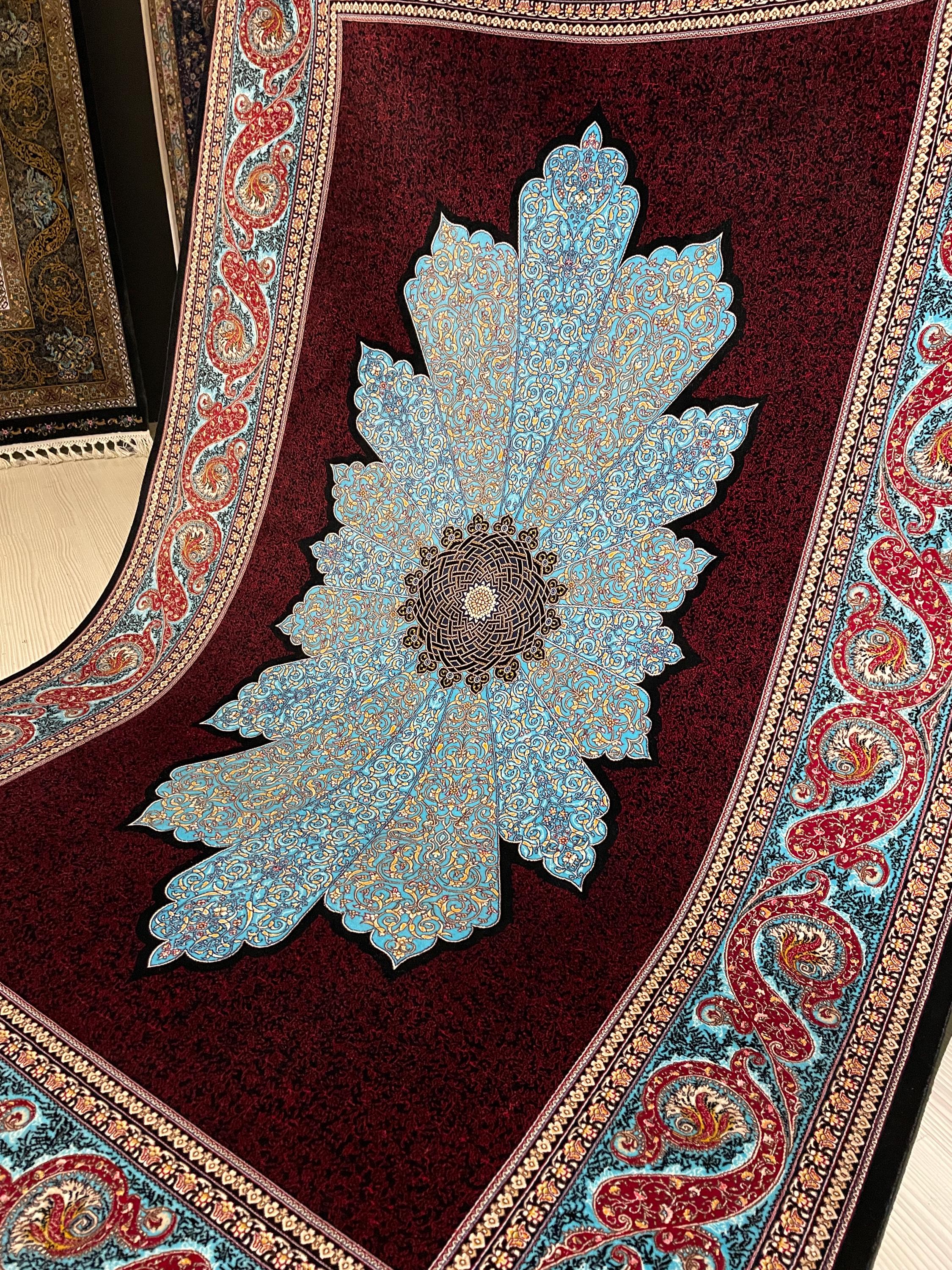 4x6 ft Burgundy Silk Area Rug, Turquoise Floral Medallion, Turkish Living Room Decor