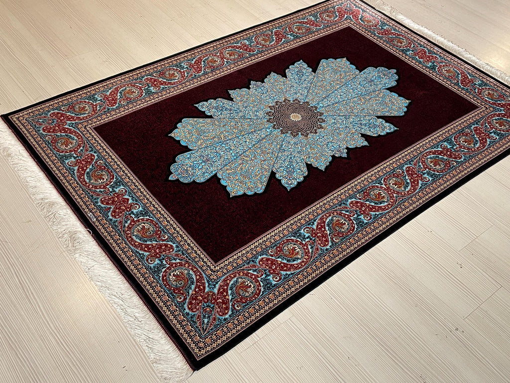 4x6 ft Burgundy Silk Area Rug, Turquoise Floral Medallion, Turkish Living Room Decor