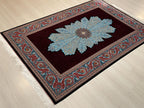 4x6 ft Burgundy Silk Area Rug, Turquoise Floral Medallion, Turkish Living Room Decor
