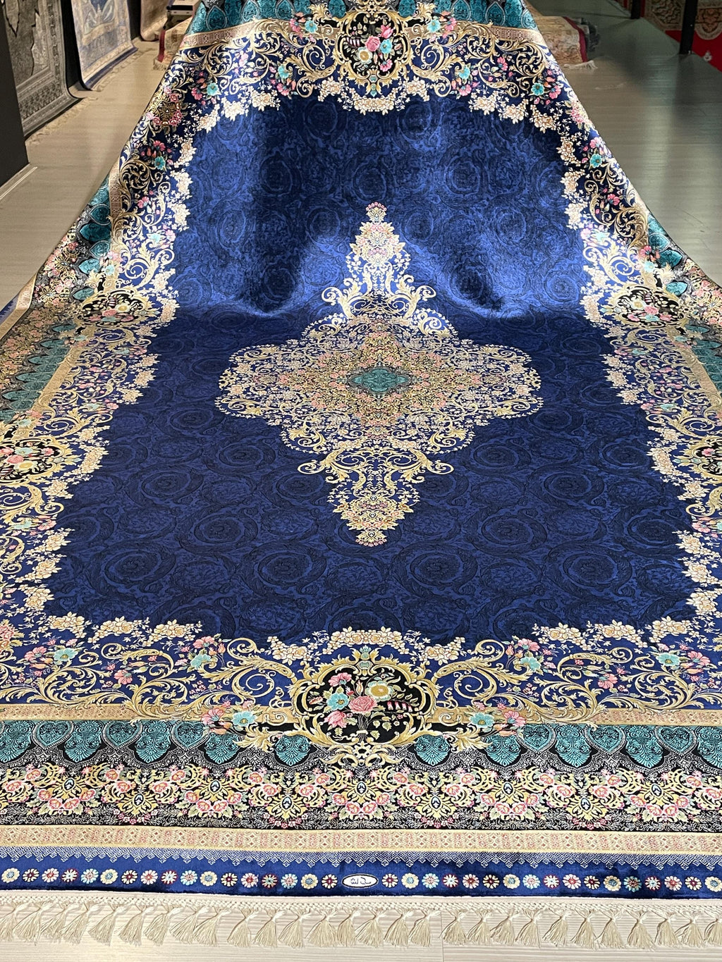 7x10 ft Navy Blue Silk Rug, Floral Medallion Carpet, Turkish Style