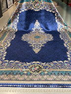 7x10 ft Navy Blue Silk Rug, Floral Medallion Carpet, Turkish Style