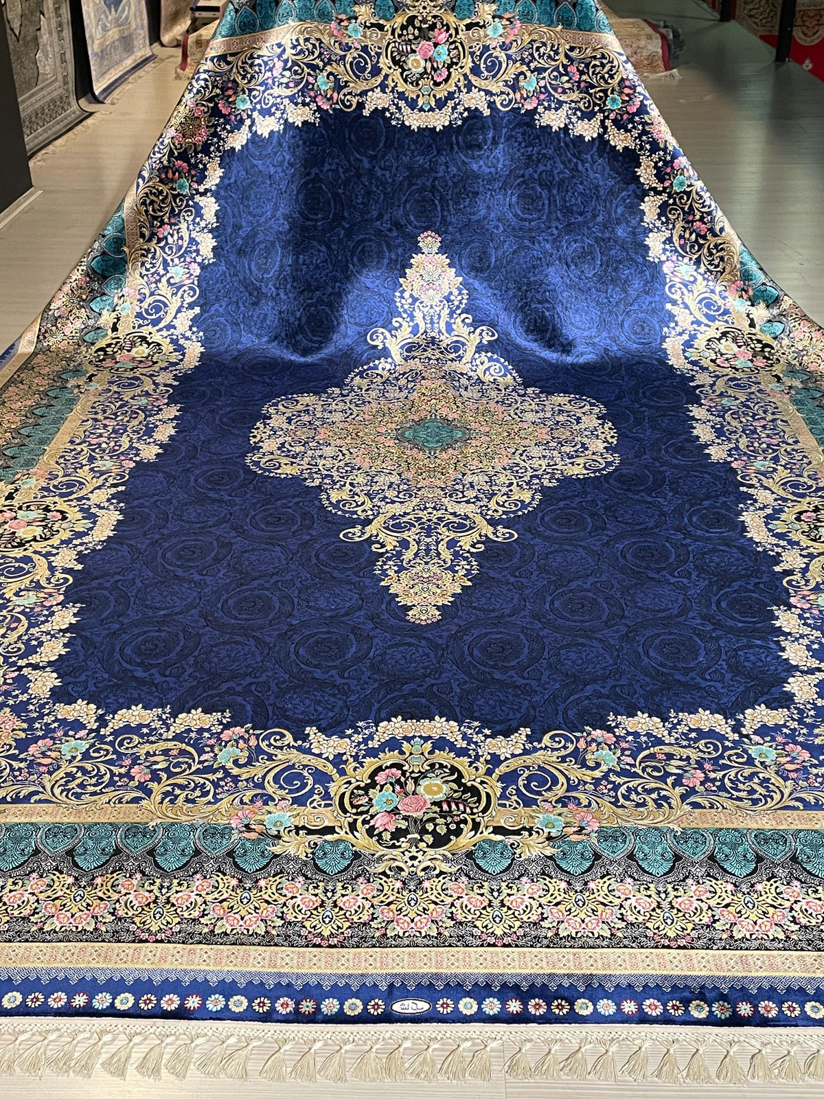 7x10 ft Navy Blue Silk Rug, Floral Medallion Carpet, Turkish Style