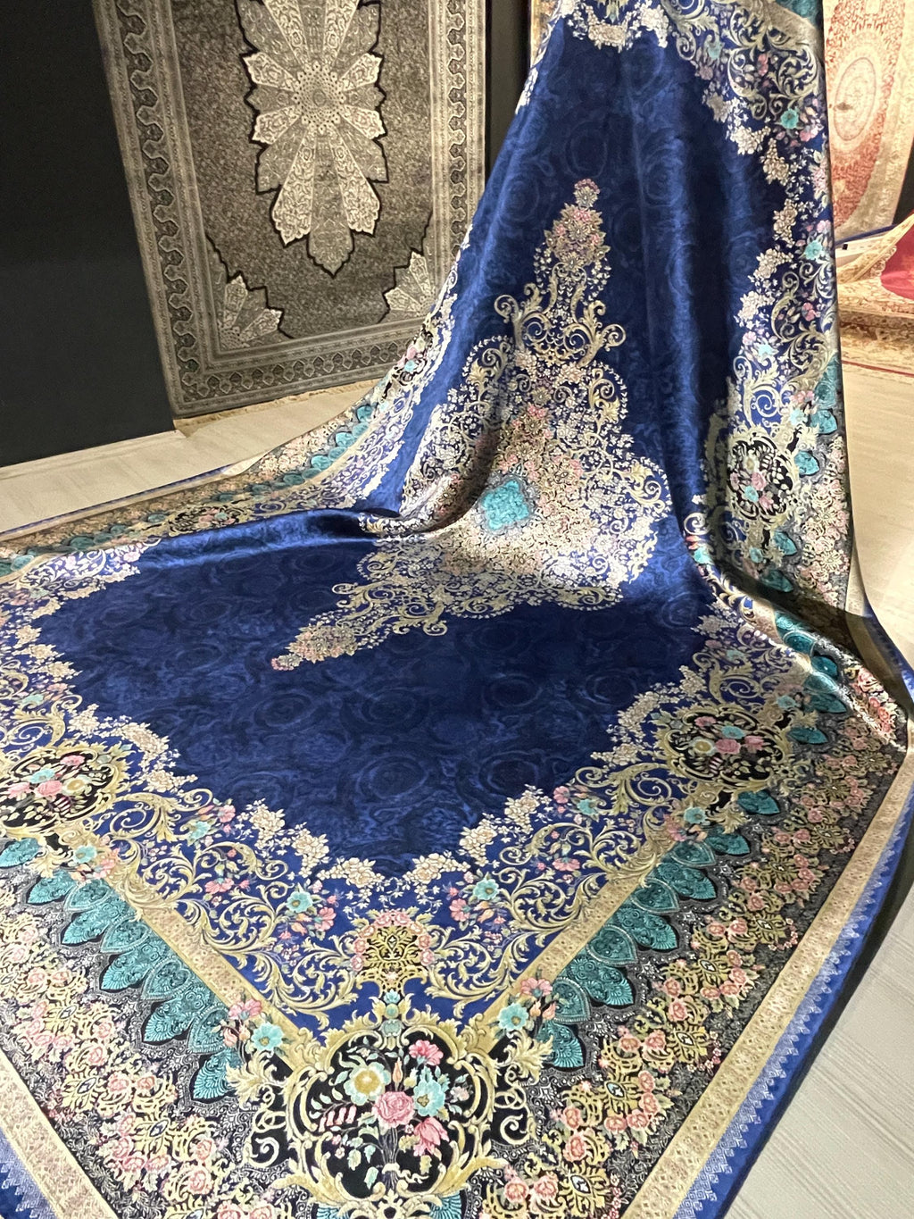 7x10 ft Navy Blue Silk Rug, Floral Medallion Carpet, Turkish Style