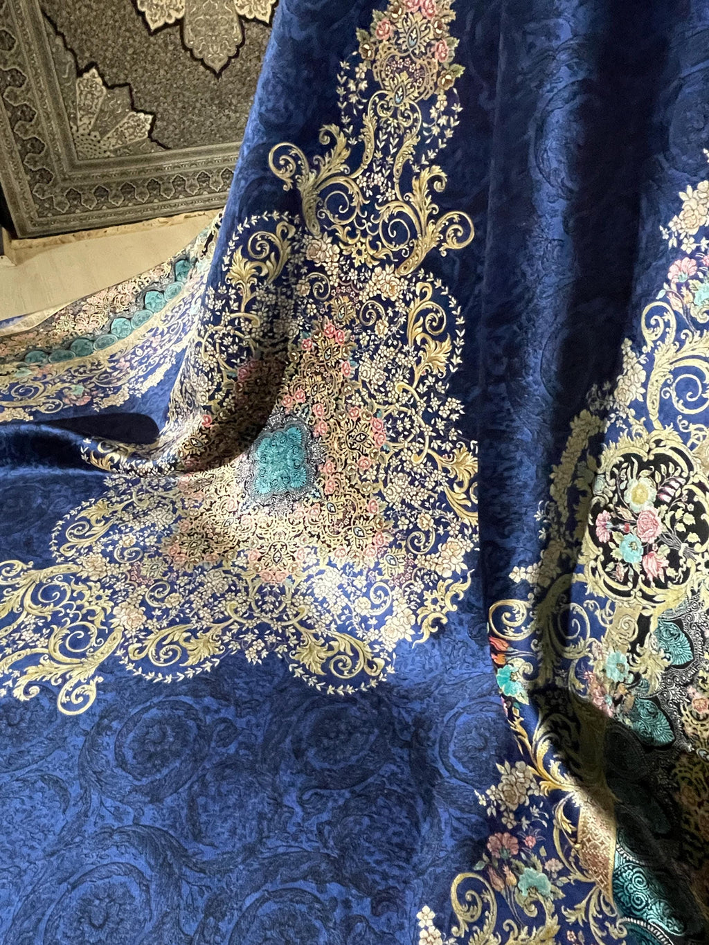 7x10 ft Navy Blue Silk Rug, Floral Medallion Carpet, Turkish Style