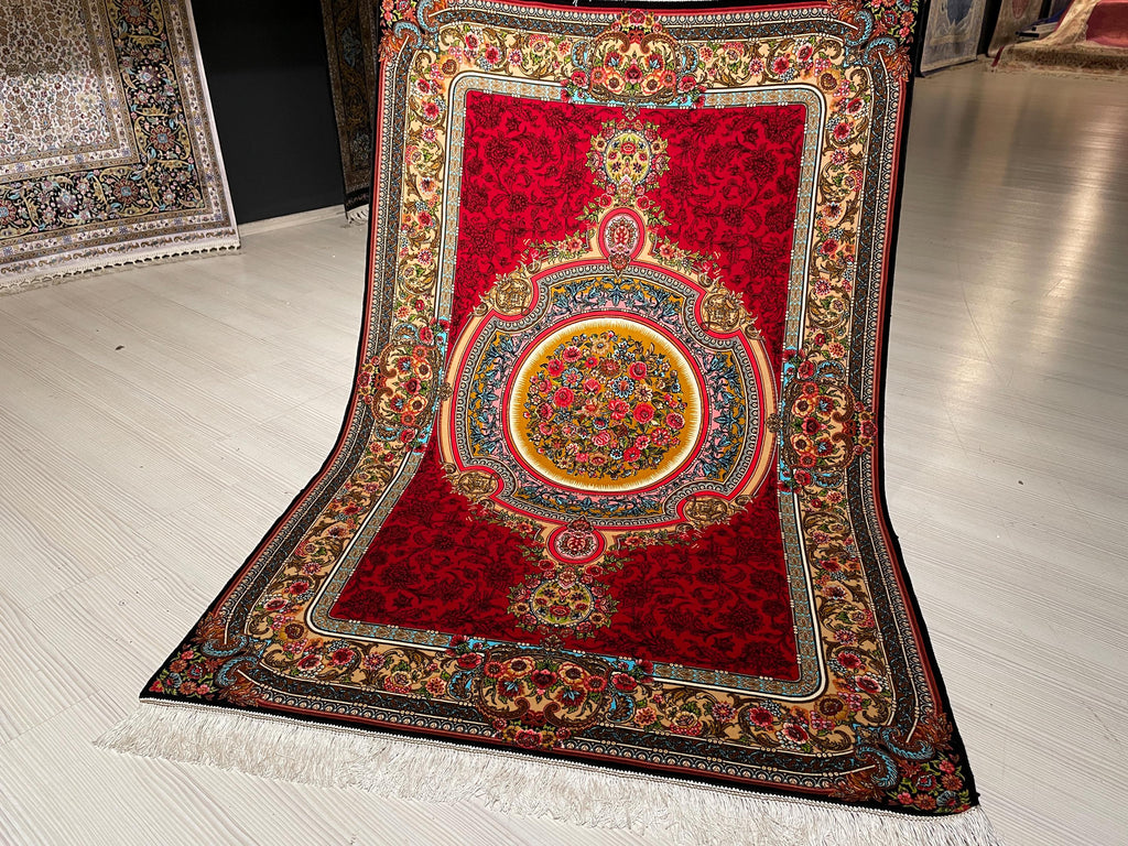 3x5 ft Silk Area Rug, Red Floral Medallion, Classic Border, Living Room Decor