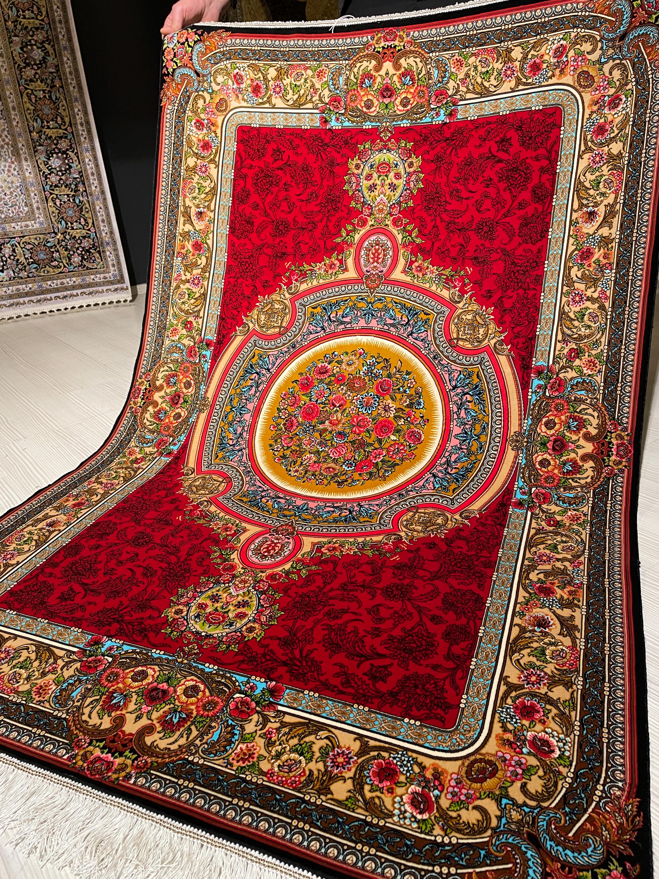 3x5 ft Silk Area Rug, Red Floral Medallion, Classic Border, Living Room Decor