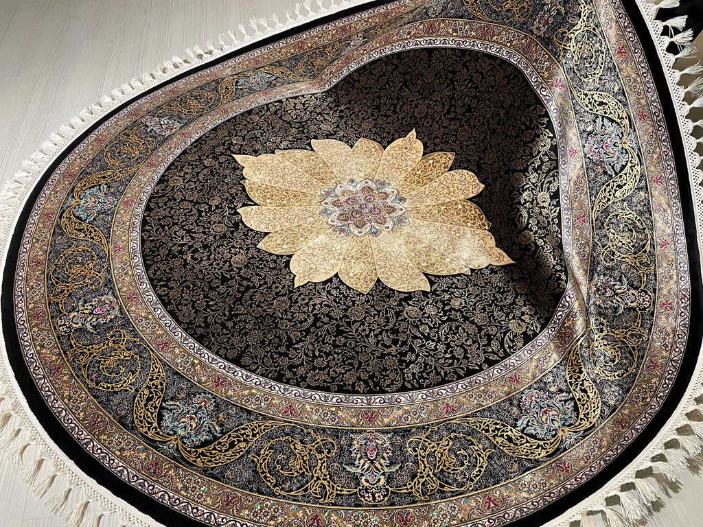 5x5ft Black Gold Round Silk Rug, Classic Medallion Style Oriental Circle Rug