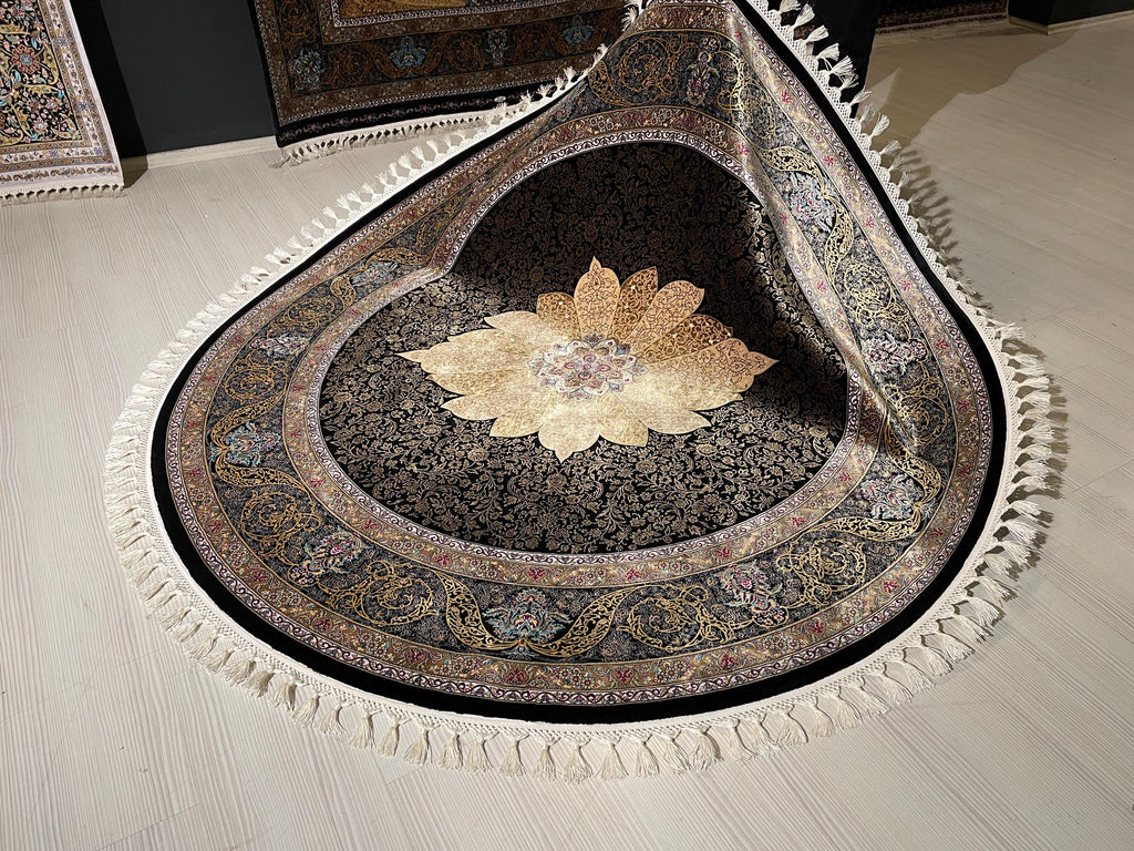 5x5ft Black Gold Round Silk Rug, Classic Medallion Style Oriental Circle Rug