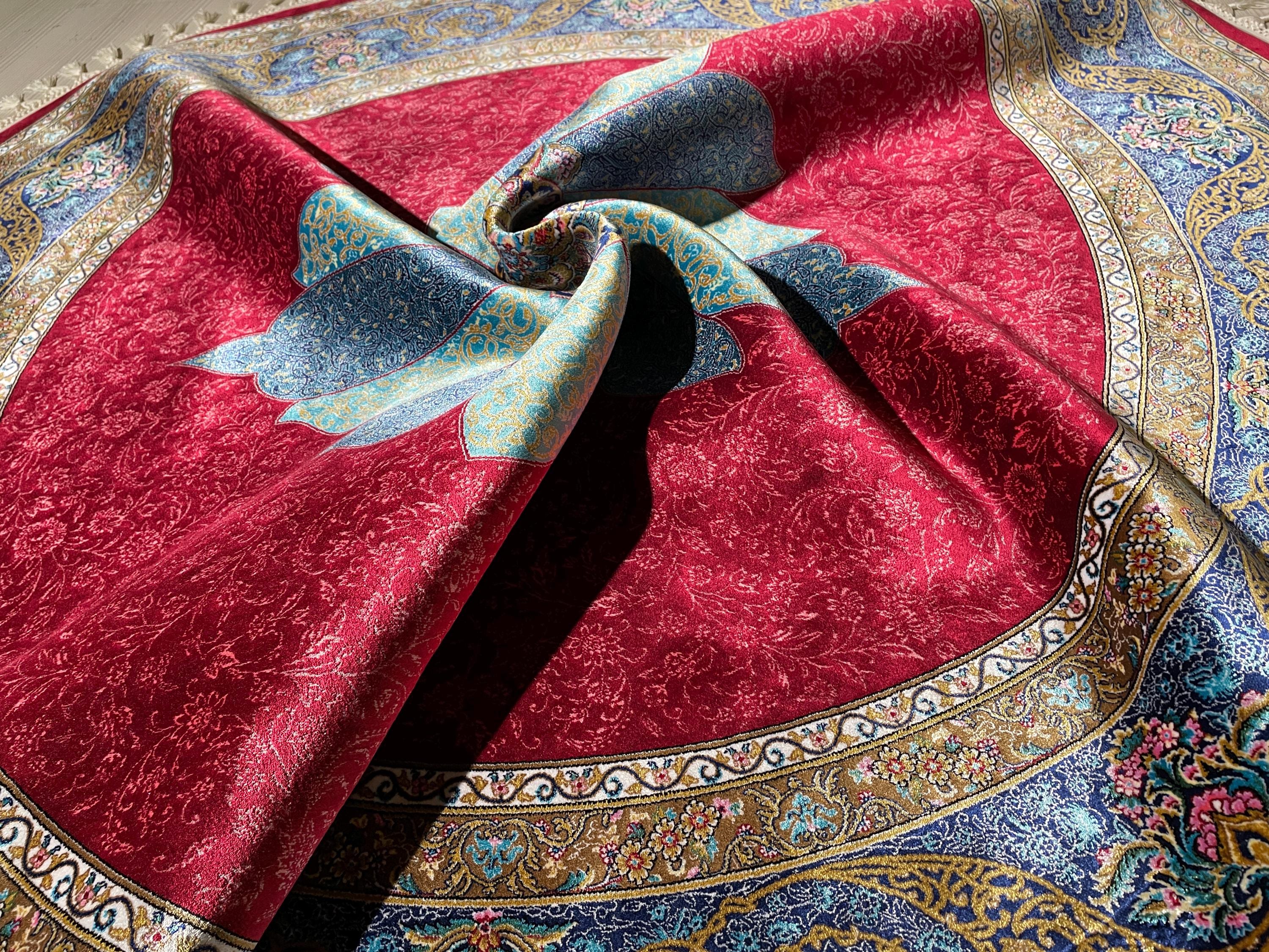 5x5 ft Round Red Silk Rug, Turkish Area Rug, Floral Medallion Carpet, Luxury Home Decor