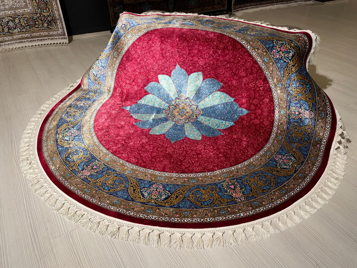 5x5 ft Round Red Silk Rug, Turkish Area Rug, Floral Medallion Carpet, Luxury Home Decor