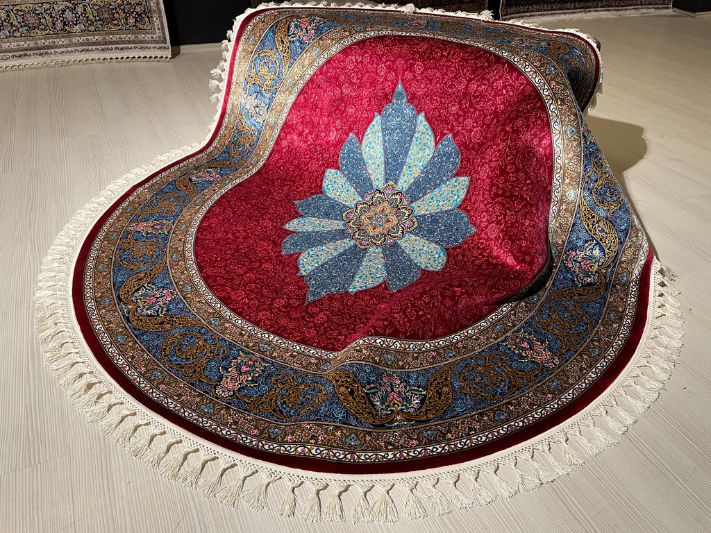 5x5 ft Round Red Silk Rug, Turkish Area Rug, Floral Medallion Carpet, Luxury Home Decor