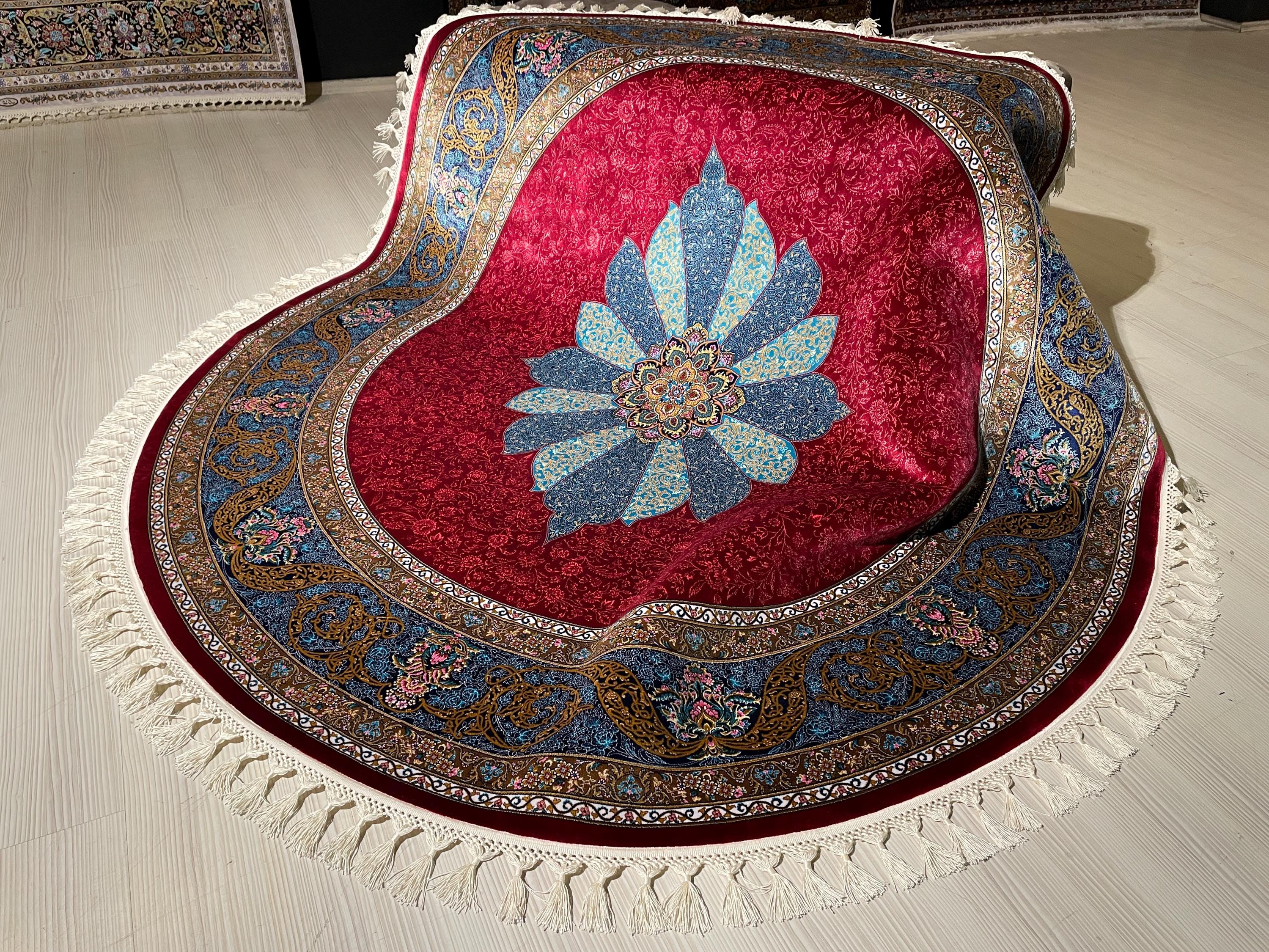 5x5 ft Round Red Silk Rug, Turkish Area Rug, Floral Medallion Carpet, Luxury Home Decor