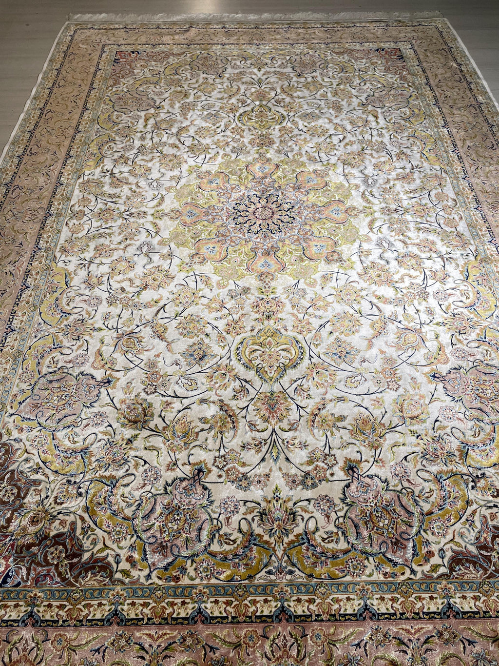 7x10 Silk Rug, Ivory Floral Vine Design, Classic Turkish Oriental Luxury Area Rug