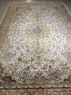7x10 Silk Rug, Ivory Floral Vine Design, Classic Turkish Oriental Luxury Area Rug