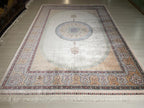 7x10 Silk Rug, Ivory Blue Oval Medallion, Classic Turkish Oriental Luxury Area Rug