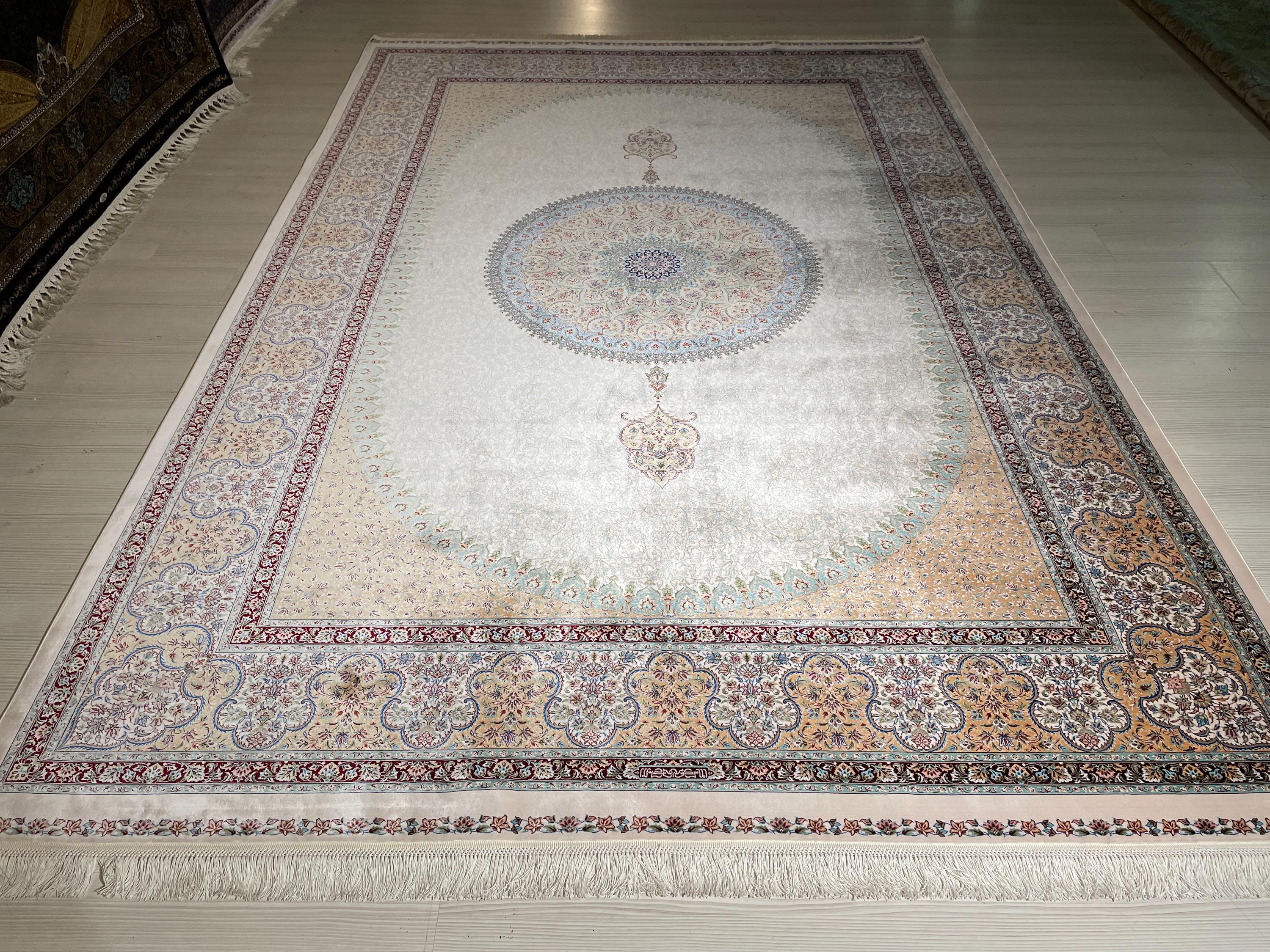 7x10 Silk Rug, Ivory Blue Oval Medallion, Classic Turkish Oriental Luxury Area Rug