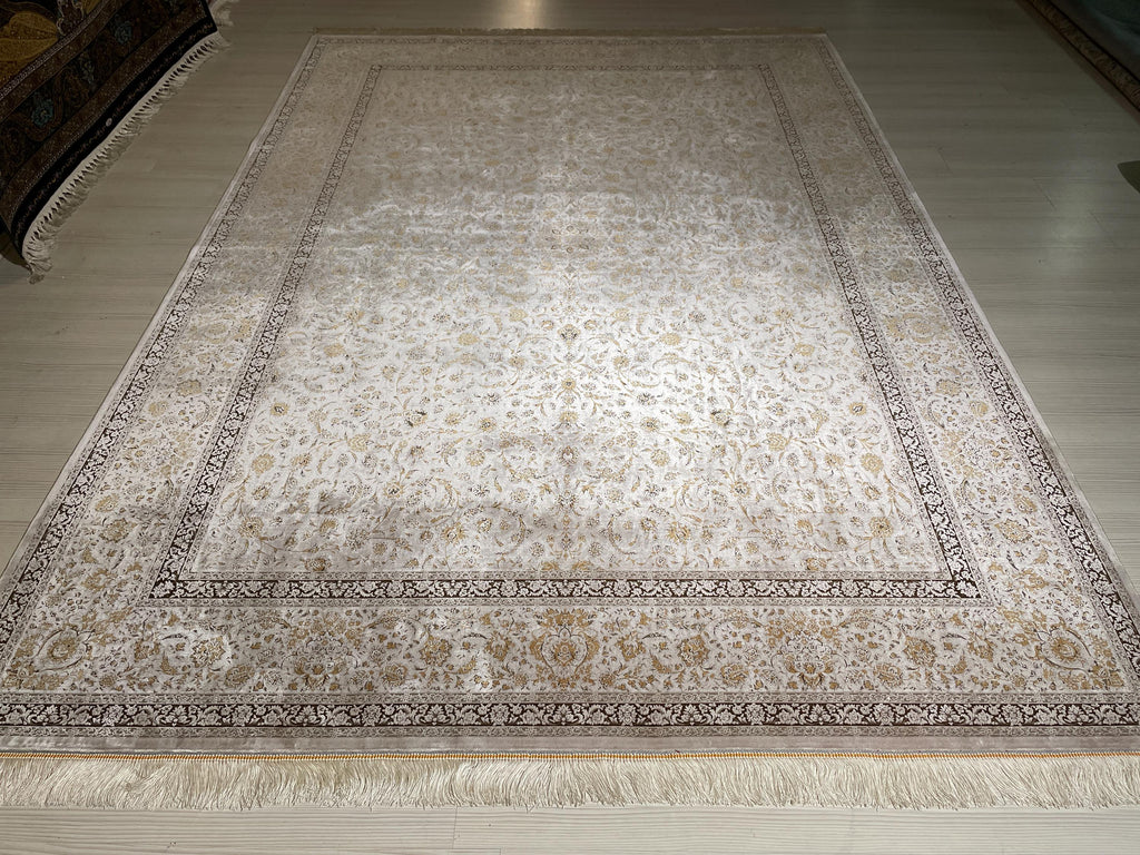 7x10 Ivory Modal Silk Area Rug, Elegant Floral Living Room Rug, Neutral Home Decor
