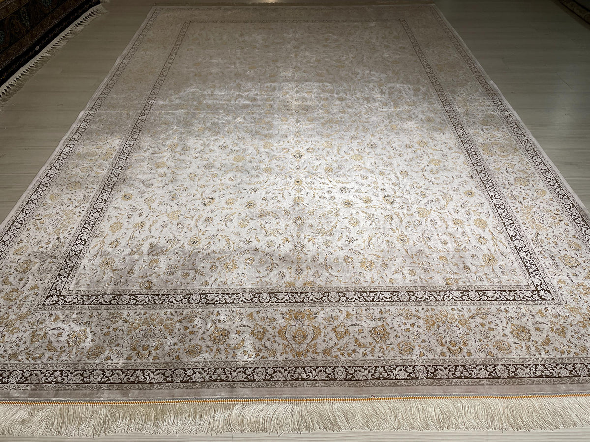 7x10 Ivory Modal Silk Area Rug, Elegant Floral Living Room Rug, Neutral Home Decor