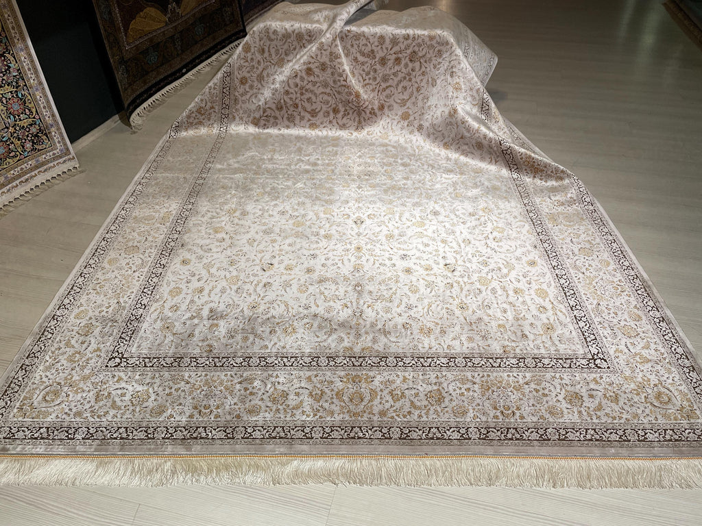 7x10 Ivory Modal Silk Area Rug, Elegant Floral Living Room Rug, Neutral Home Decor