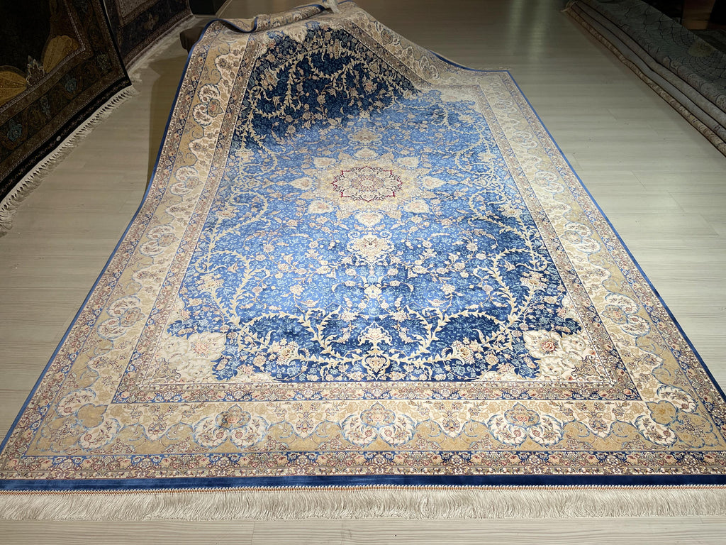 7x10 Silk Rug, Blue Ivory Medallion Floral, Classic Turkish Oriental Area Rug