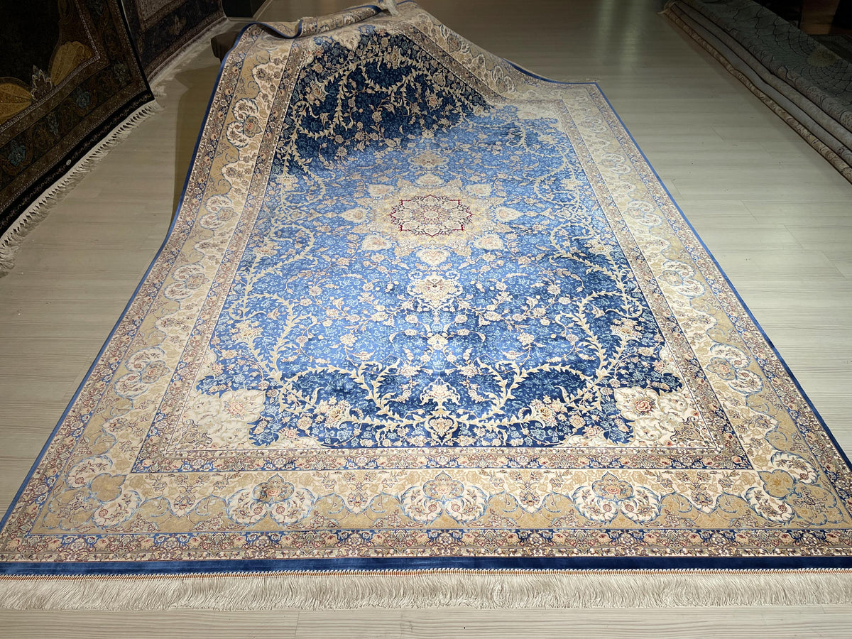 7x10 Silk Rug, Blue Ivory Medallion Floral, Classic Turkish Oriental Area Rug