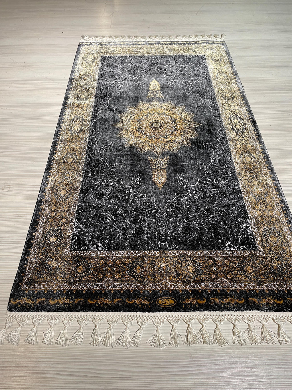 3x5 Black Gold Runner Rug, Modal Silk Runner, Turkish Medallion Hallway Decor