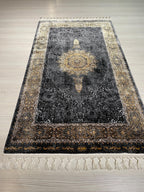 3x5 Black Gold Runner Rug, Modal Silk Runner, Turkish Medallion Hallway Decor