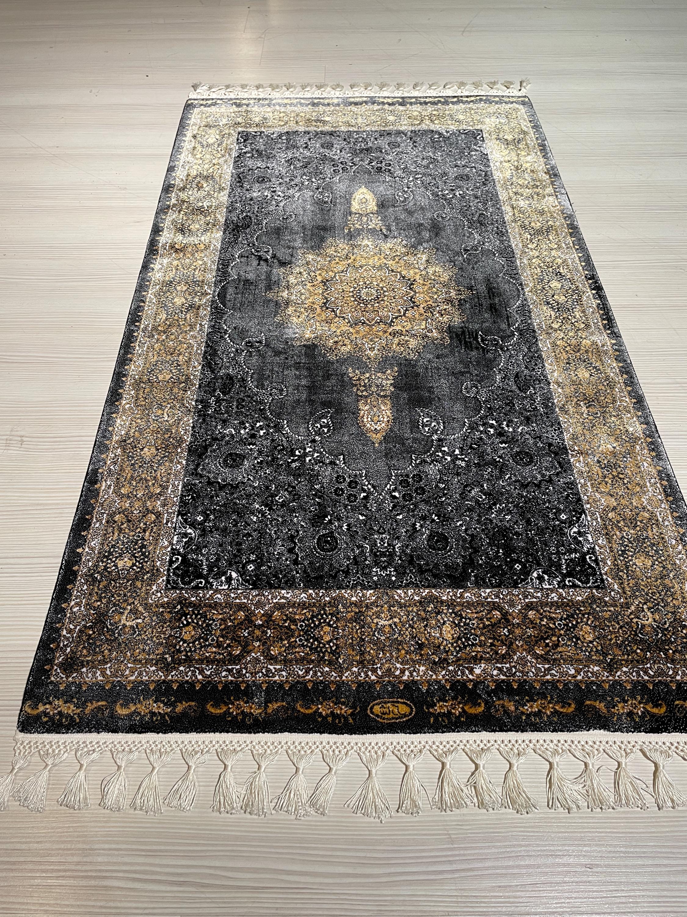 3x5 Black Gold Runner Rug, Modal Silk Runner, Turkish Medallion Hallway Decor