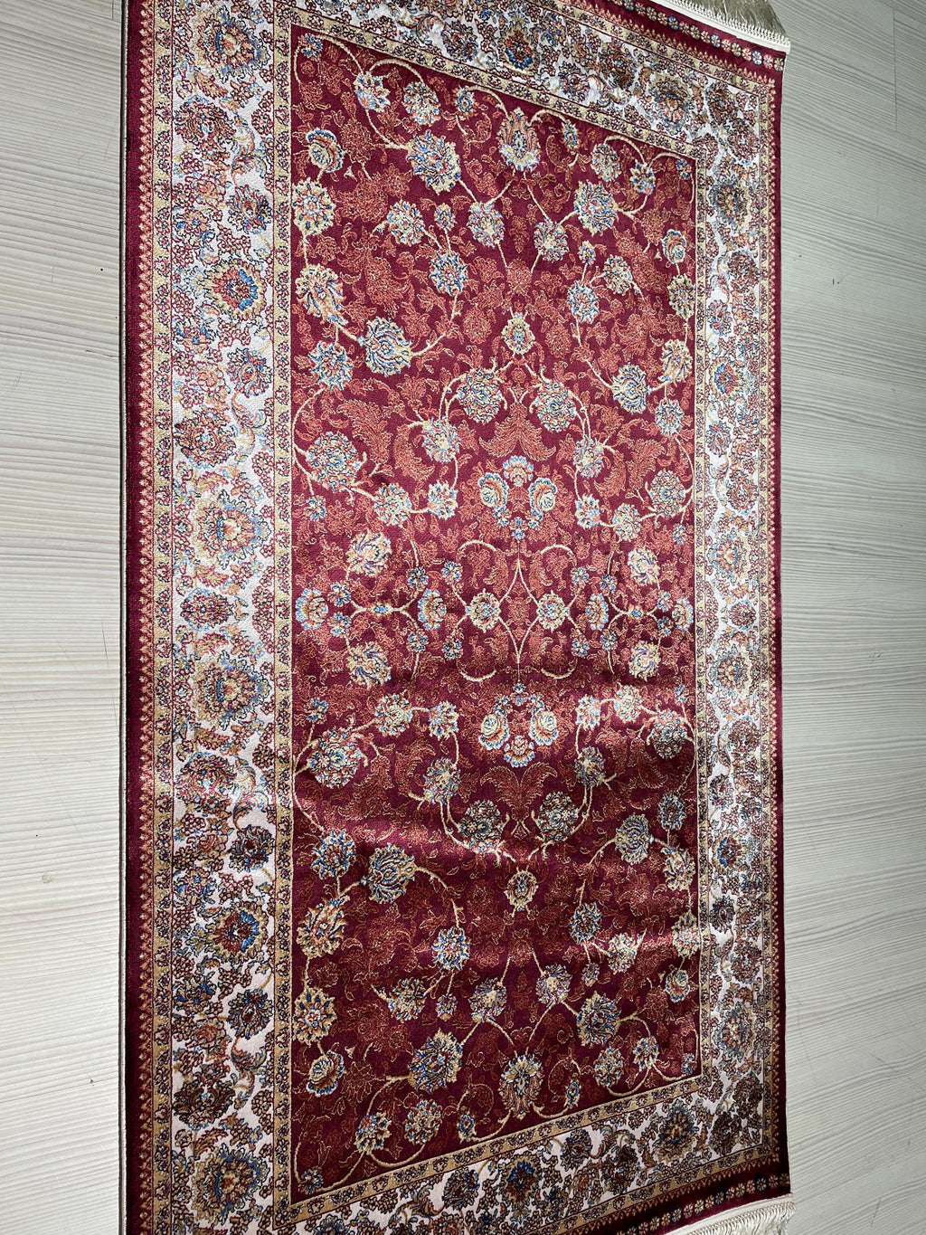 3x5 Silk Runner Rug, Red Floral Allover, Ivory Border, Turkish Oriental Hallway Rug