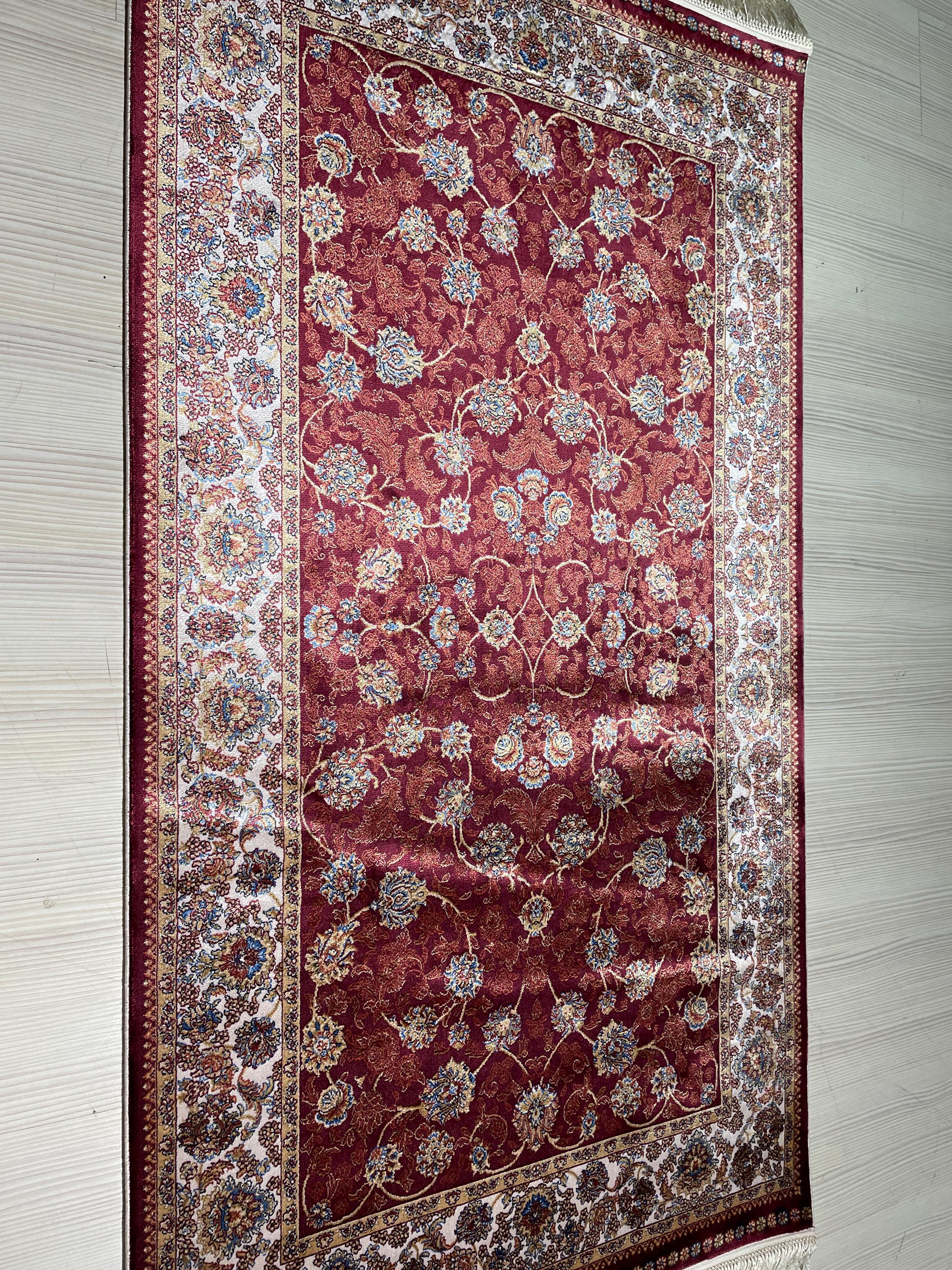 3x5 Silk Runner Rug, Red Floral Allover, Ivory Border, Turkish Oriental Hallway Rug