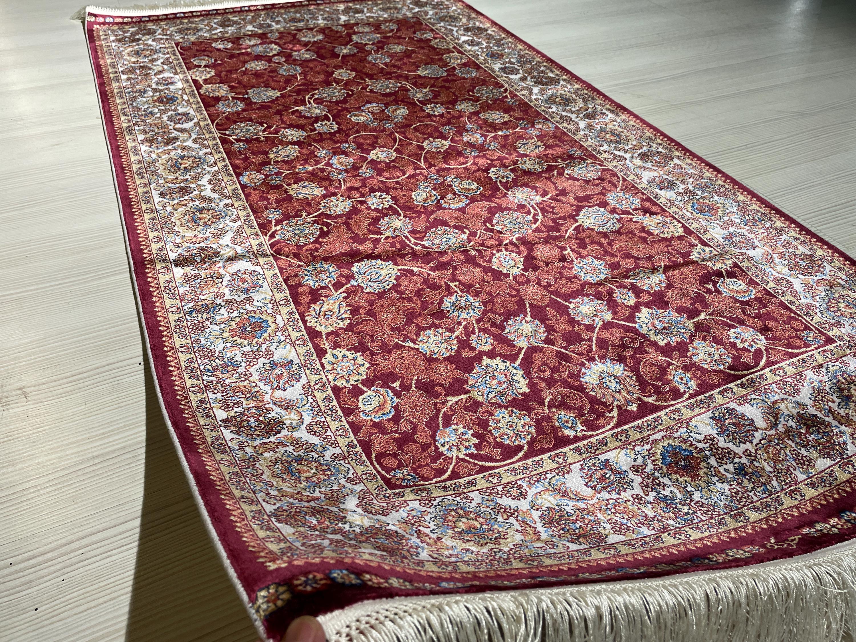 3x5 Silk Runner Rug, Red Floral Allover, Ivory Border, Turkish Oriental Hallway Rug