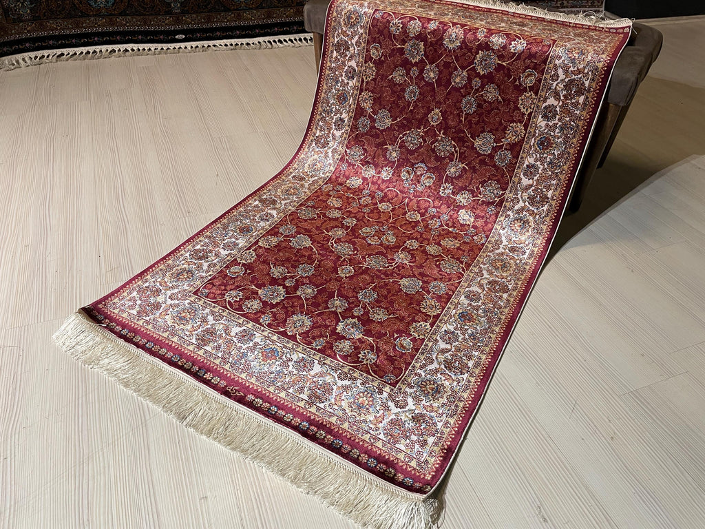 3x5 Silk Runner Rug, Red Floral Allover, Ivory Border, Turkish Oriental Hallway Rug