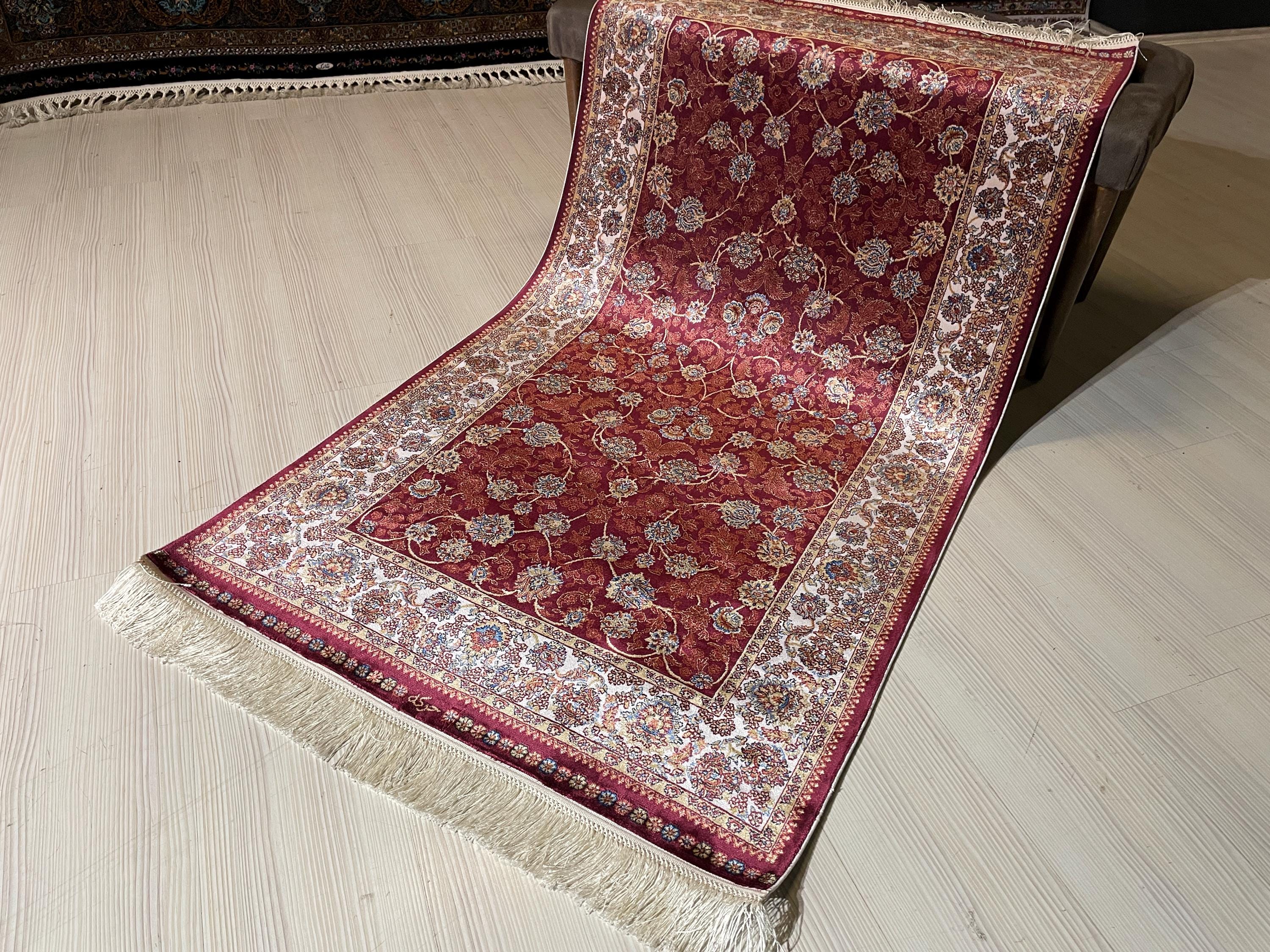 3x5 Silk Runner Rug, Red Floral Allover, Ivory Border, Turkish Oriental Hallway Rug