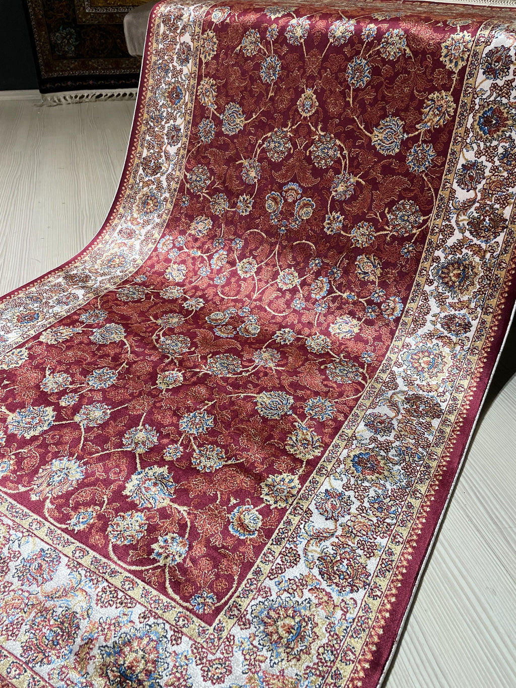 3x5 Silk Runner Rug, Red Floral Allover, Ivory Border, Turkish Oriental Hallway Rug