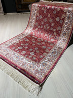 3x5 Silk Runner Rug, Red Floral Allover, Ivory Border, Turkish Oriental Hallway Rug