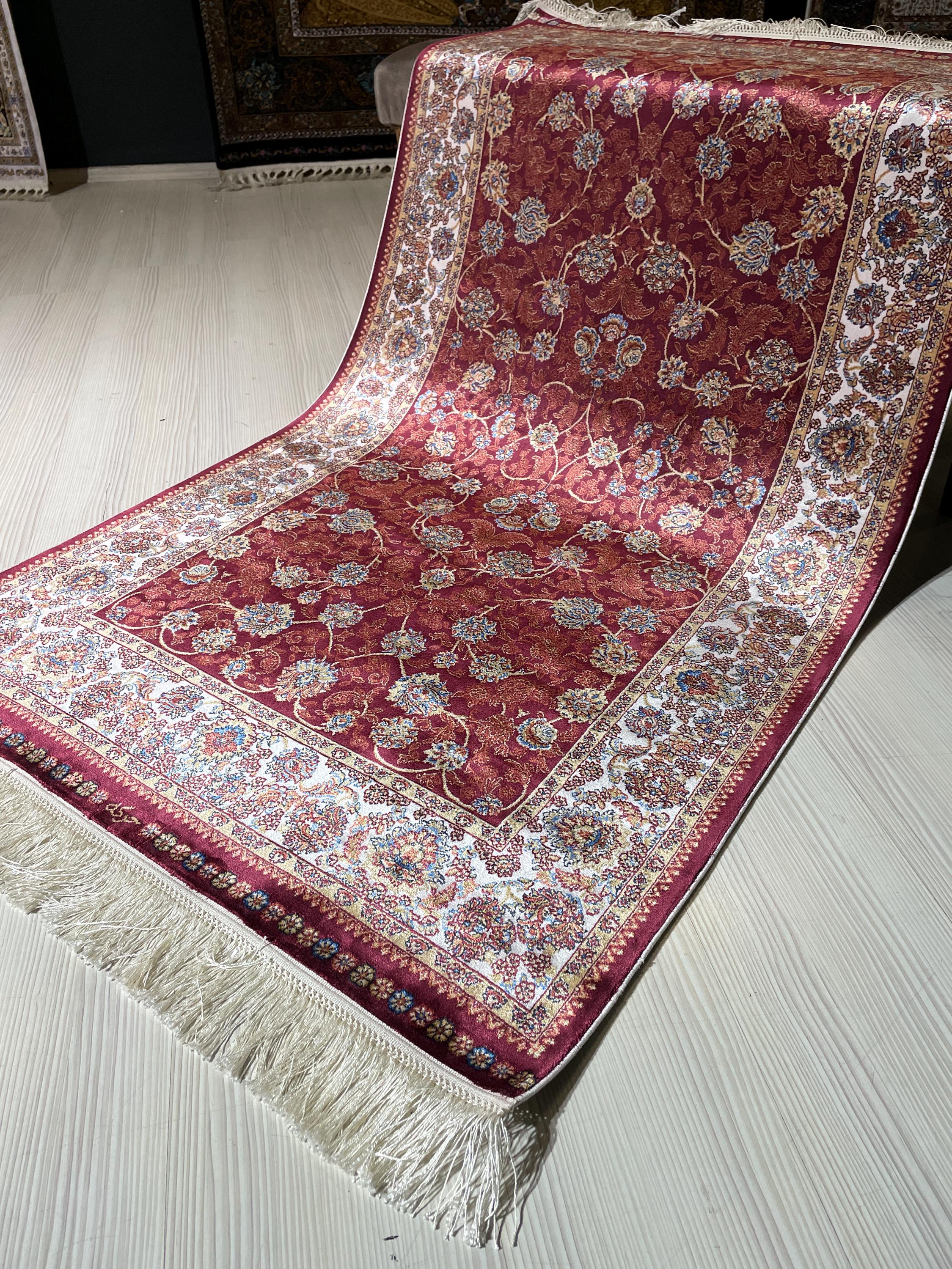 3x5 Silk Runner Rug, Red Floral Allover, Ivory Border, Turkish Oriental Hallway Rug