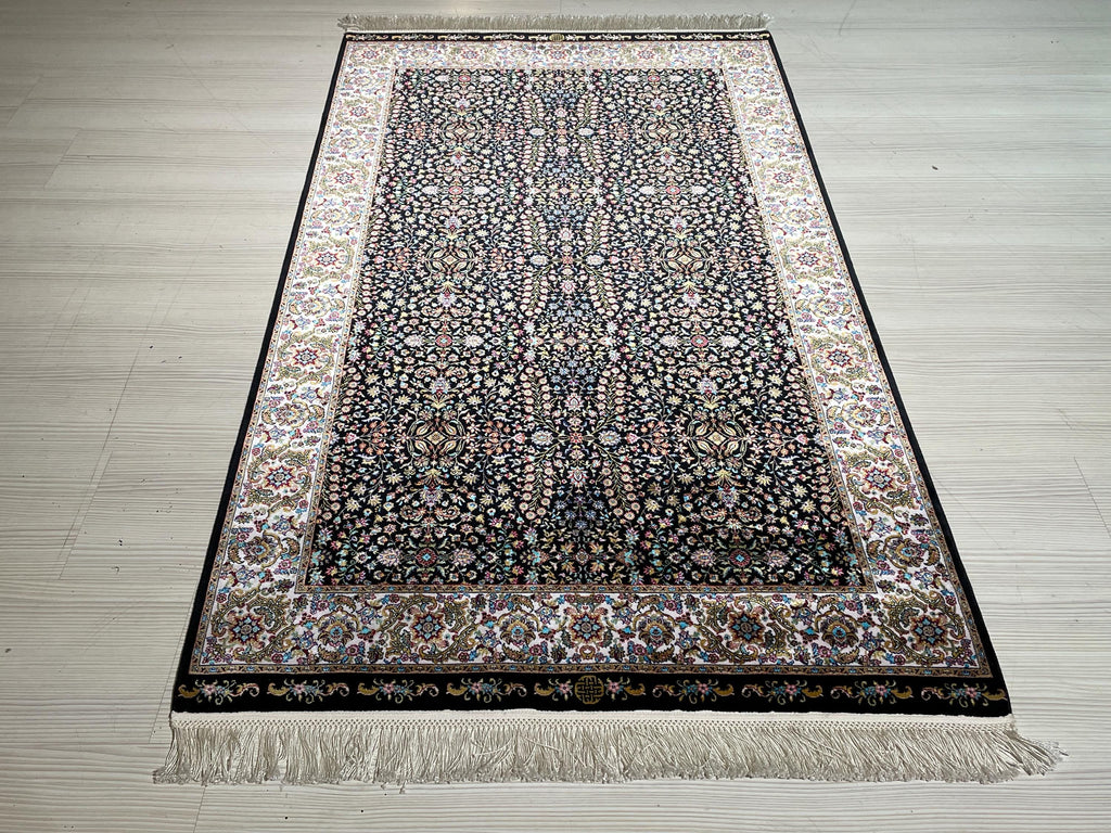 3x5 ft Black Floral Runner, Modal Silk Runner, Turkish Hallway Rug