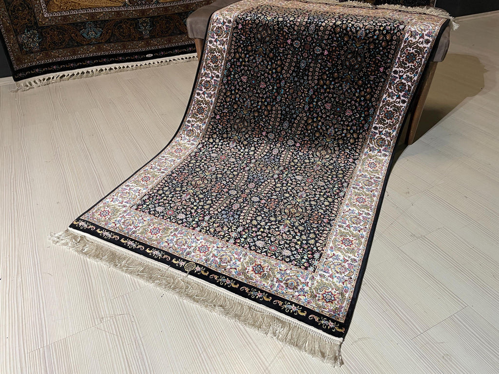 3x5 ft Black Floral Runner, Modal Silk Runner, Turkish Hallway Rug