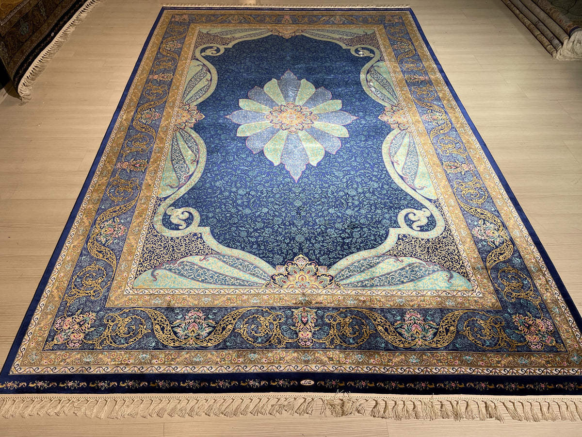 7x10 Silk Rug, Navy Blue Floral Medallion, Turkish Oriental Classic Living Room Rug