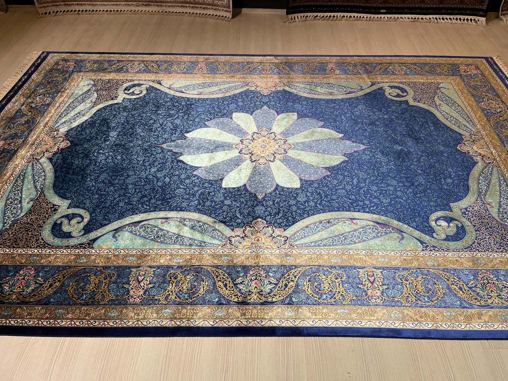7x10 Silk Rug, Navy Blue Floral Medallion, Turkish Oriental Classic Living Room Rug