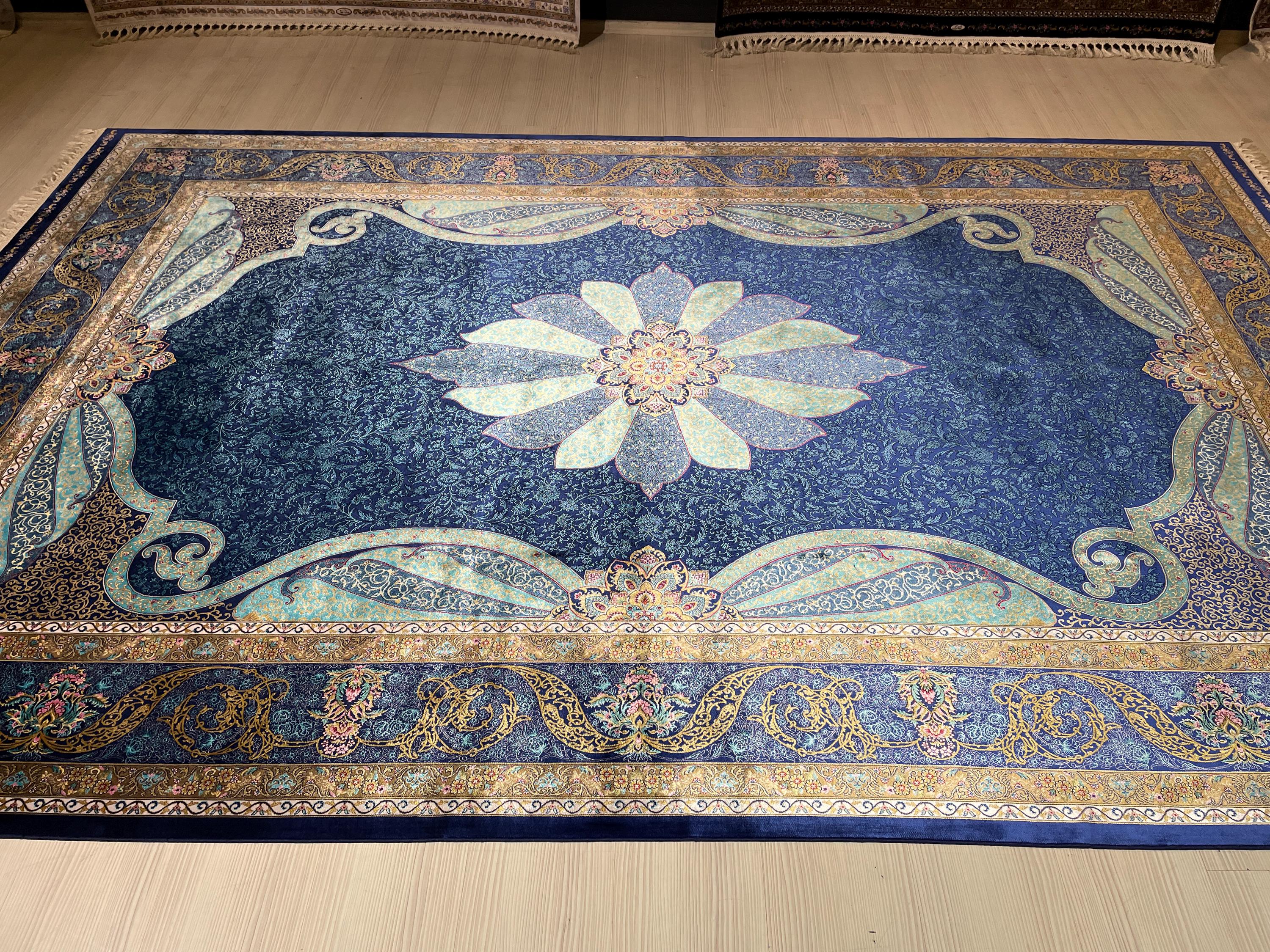 7x10 Silk Rug, Navy Blue Floral Medallion, Turkish Oriental Classic Living Room Rug