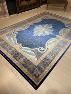 7x10 Silk Rug, Navy Blue Floral Medallion, Turkish Oriental Classic Living Room Rug