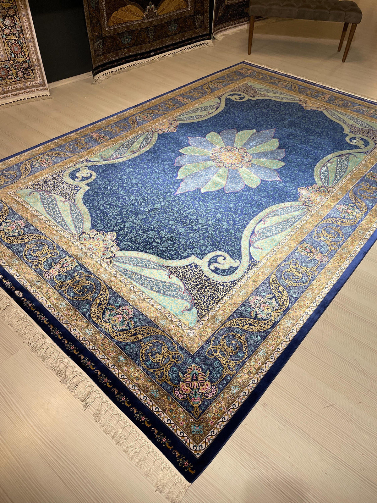 7x10 Silk Rug, Navy Blue Floral Medallion, Turkish Oriental Classic Living Room Rug