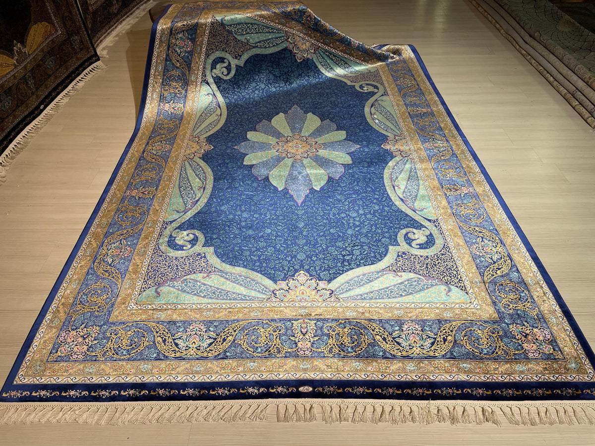 7x10 Silk Rug, Navy Blue Floral Medallion, Turkish Oriental Classic Living Room Rug