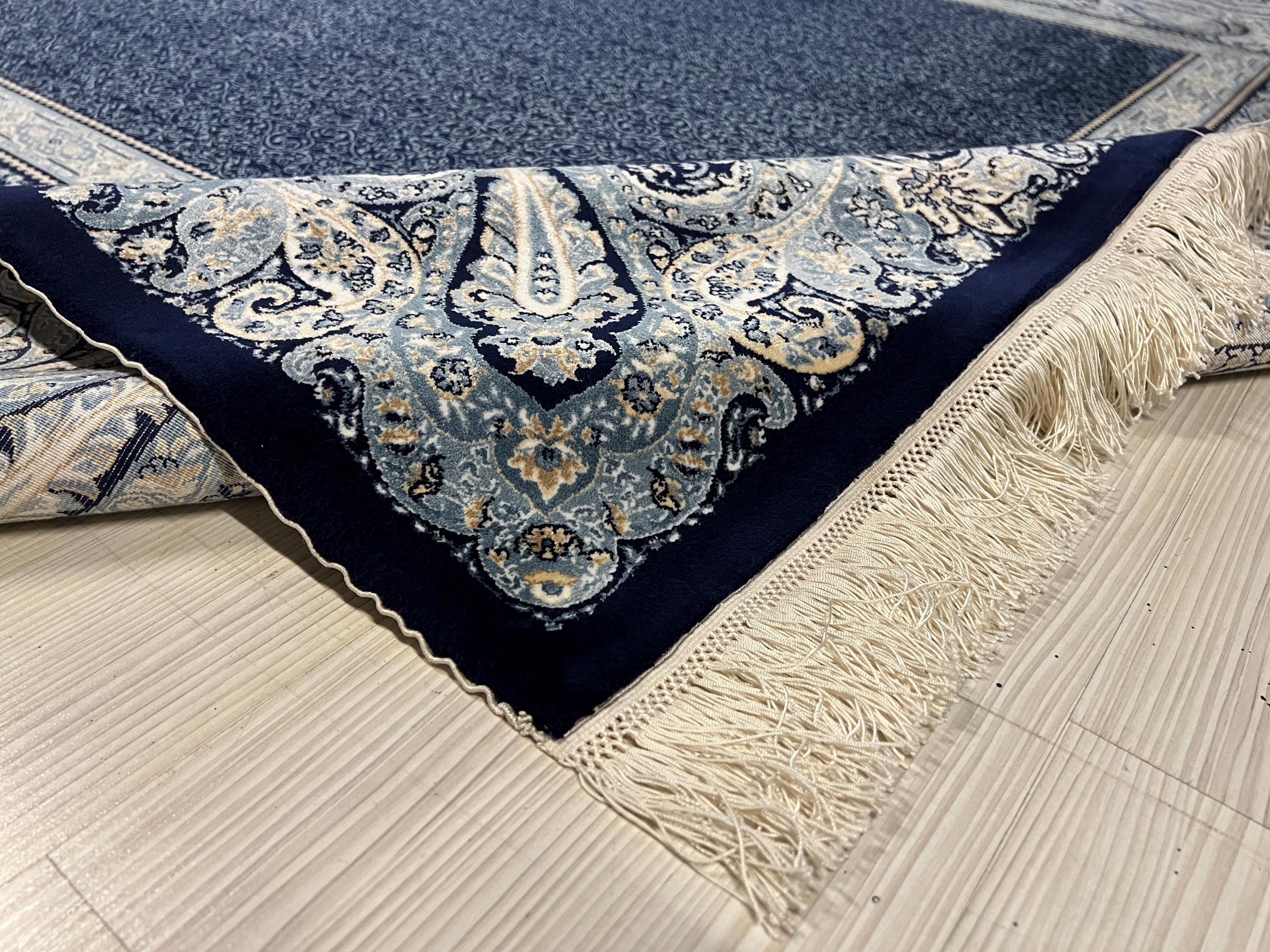 7x10 Silk Rug, Charcoal Navy Paisley Border, Modern Turkish Oriental Large Rug