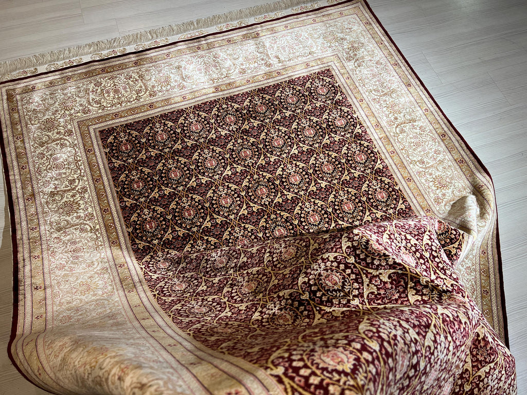 6x8 ft Burgundy Silk Rug, Turkish Area Rug, Luxury Living Room Carpet