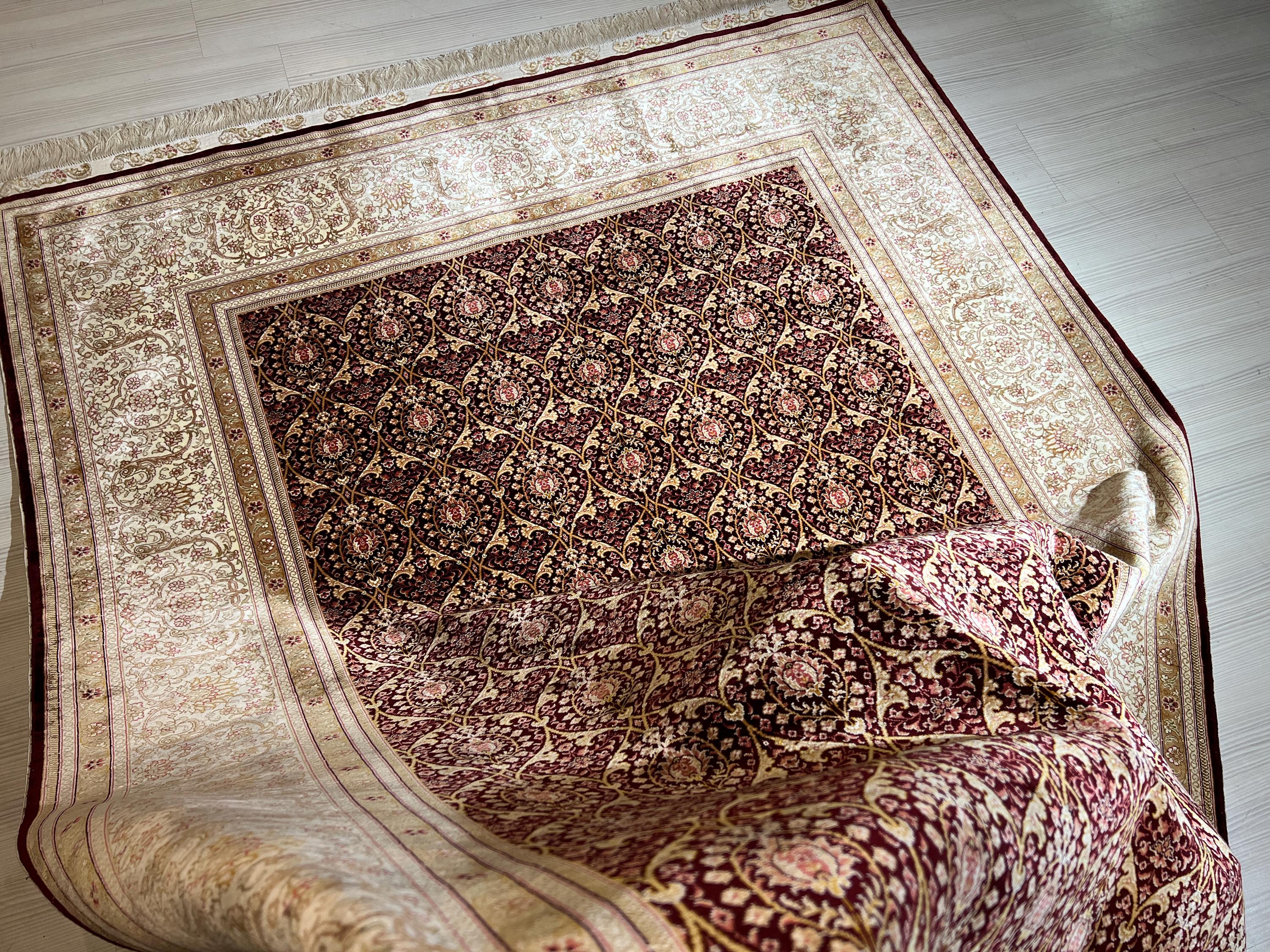6x8 ft Burgundy Silk Rug, Turkish Area Rug, Luxury Living Room Carpet