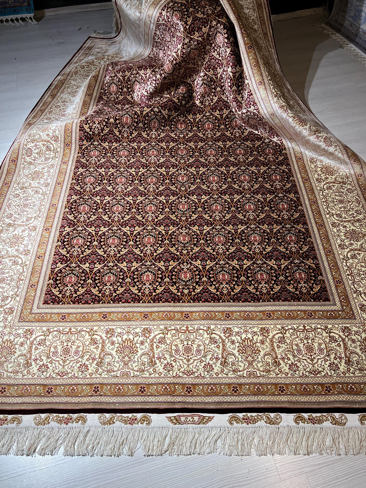 6x8 ft Burgundy Silk Rug, Turkish Area Rug, Luxury Living Room Carpet