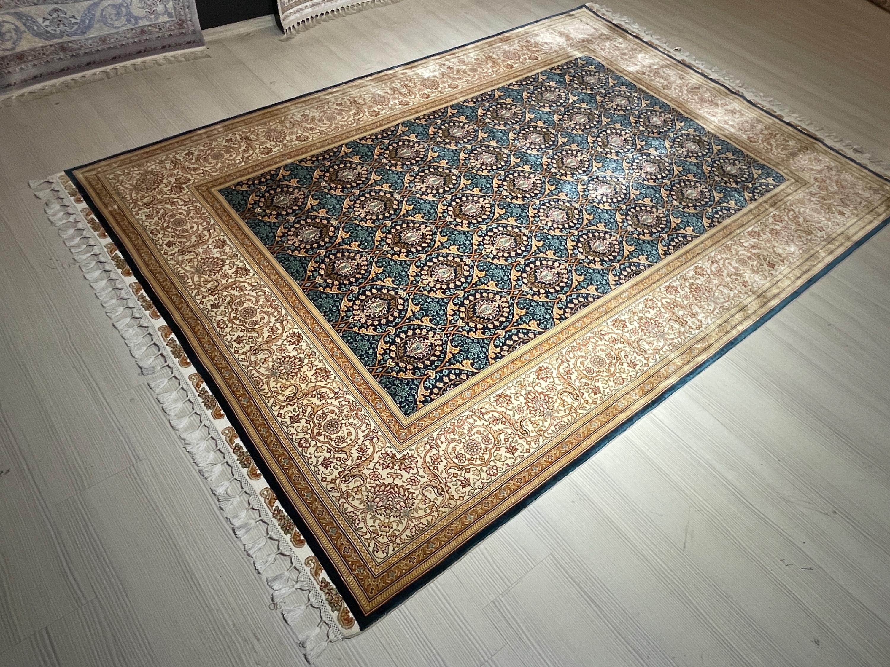 6x8 ft Blue Modal Silk Area Rug, Handwoven Turkish Floral Carpet, Living Room Rug
