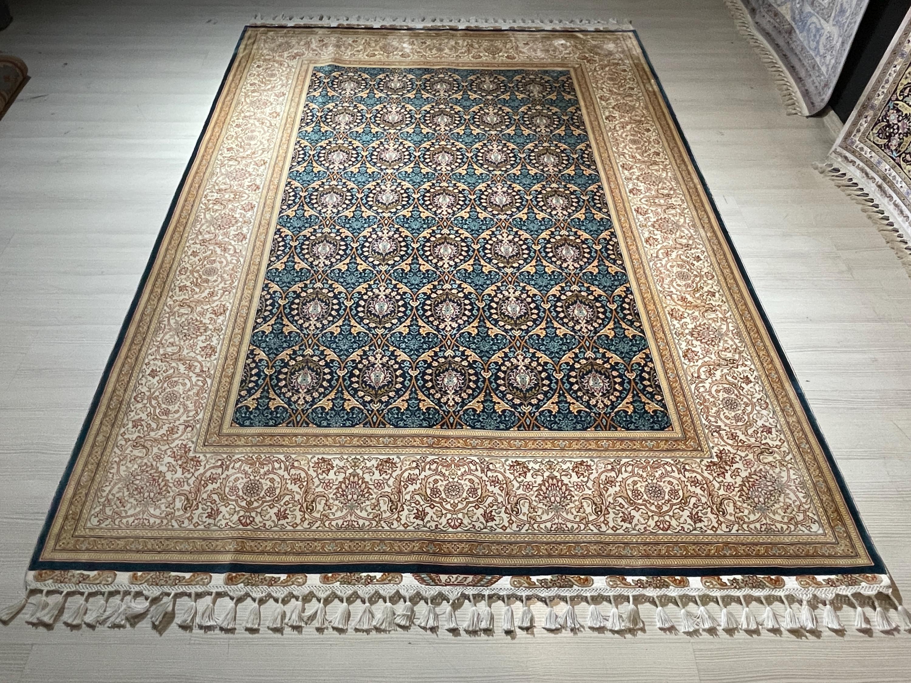 6x8 ft Blue Modal Silk Area Rug, Handwoven Turkish Floral Carpet, Living Room Rug